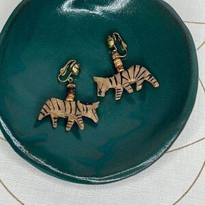 Zebra wooden clip on earrings